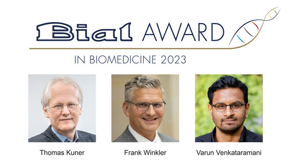 Lead researchers of the winning team of the BIAL Award in Biomedicine 2023 promoted by the BIAL Foundation. Photo credits: Thomas Kuner - Hendrik Schröder, Heidelberg University Hospital; Frank Winkler - berlin-event-foto.de; Varun Venkataramani - Carina Kircher and Gerald Bendner.